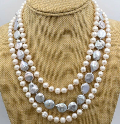 Collar de perlas monedas gris plata 3 filas naturales 7-8 mm perlas blancas y 11-12 mm 17-20 Foto 1 de 3