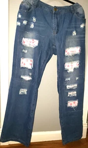 NEW HEART RIPPED PATCHED BLUE STRAIGHT LEG JEANS SIZE 15 XXL cute Pants😍 - Picture 1 of 9