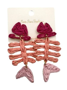 Pink Red Raffia Fish Skeleton Dangle Earrings Lightweight Lead Nickel Free New - Picture 1 of 4