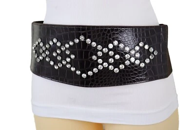 Women Wide Faux Leather Dark Brown Elastic Band Belt Silver Bling Squares S M - Image 1 of 4