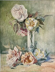 " Nature morte aux roses", aquarelle du XIXe. 39,5x30 cm.