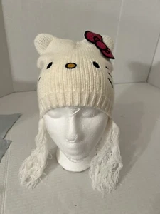 Hellow Kitty Strickmütze weiß Beanie mit Ohren, rosa Schleife & Quasten - Bild 1 von 10