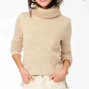 J. Crew Pullover Funnelneck Tan & White Long Sleeve Sweater Top Checkered M - Picture 1 of 9