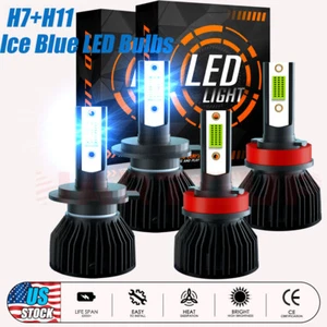 Combo H11 H7 LED Headlight Bulb Kit High Low Beam Super Bright 8000K Xenon Blue - Picture 1 of 9