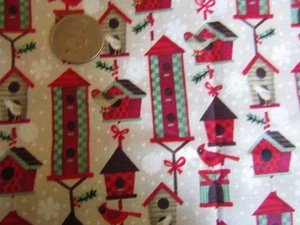 CHRISTMAS Vintage BIRDS BIRDHOUSES On BEIGE  1990's COTTON Fabric - over 1 yd - Picture 1 of 2