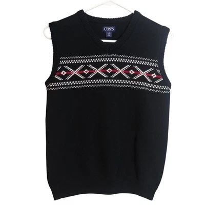 Chaleco Suéter Chaps Chicos Cuello en V Isla Justa Negro y Rojo Algodón Preppy Talla L Foto 1 de 4