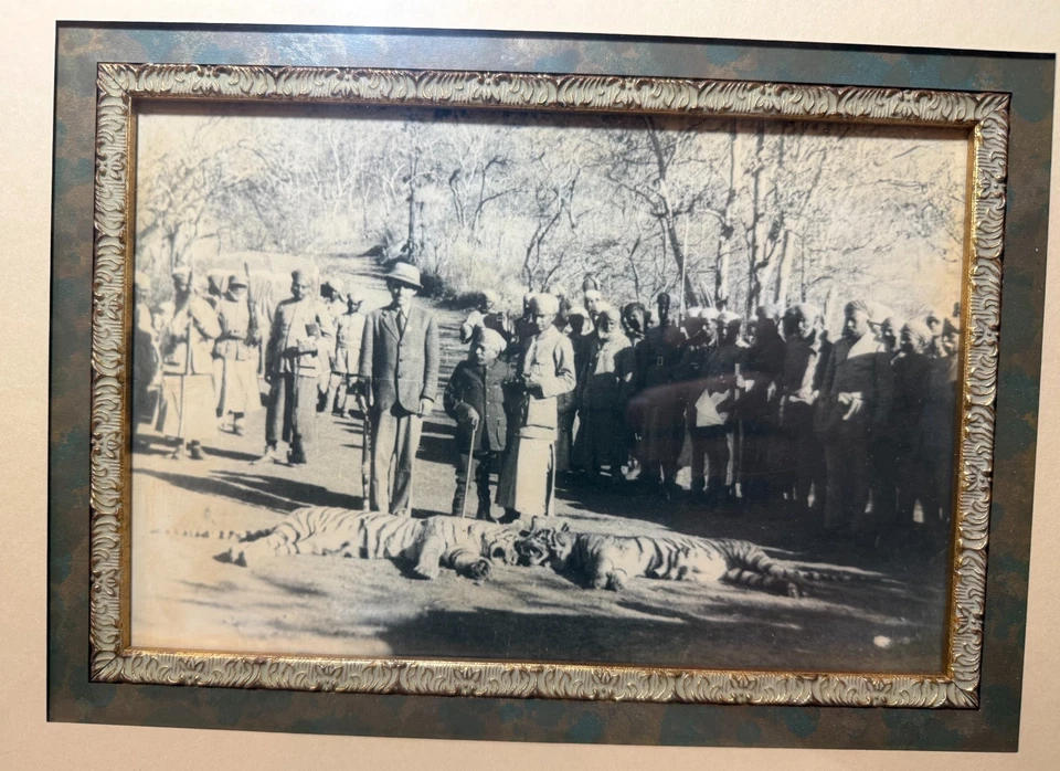 Fotografías antiguas originales del siglo XIX enmarcadas indias dobles caza de tigres sepia Foto 1 de 4