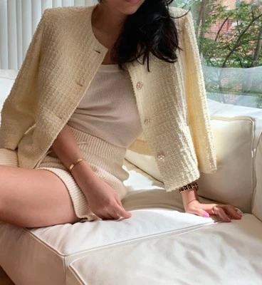 Korean Style Tweed Cropped Jacket Yellow Size S - Image 1 of 4