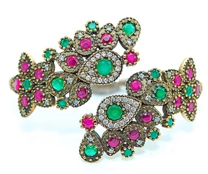 Ottoman Empire Style 10CT Treated Ruby & Topaz 925 Sterling Silver Bracelet  - Picture 1 of 3