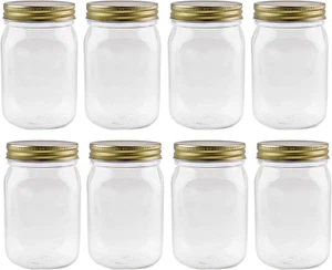 Plastic Mason Jars 8pk Gold Metal Lids BPA-Free Pint Size 16oz - Picture 1 of 11