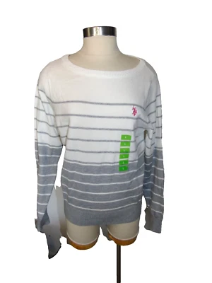 US Polo Assn SUÉTER Para Mujer Suéter Grande Blanco Gris Rayas NUEVO Foto 1 de 4