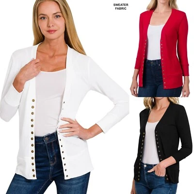 Cárdigan suéter cuello en V detalle acanalado frontal con botones a presión manga 3/4 para mujer Foto 1 de 2