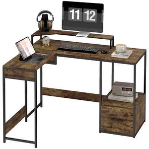 L-Shaped Computer Desk Liftable Desktop Industrial Corner Desk with Drawer Brown - Picture 1 of 11
