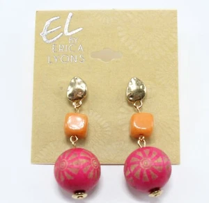 Erica Lyons Gold Drop Earrings with Pink & Orange Elements #E1413 - Picture 1 of 3