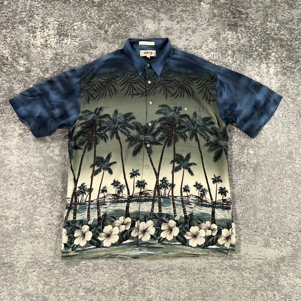 Camisa Hawaiana De Colección Para Hombres Grande L Azul Verde Isla Gradiente Estampado Y2K Campia Moda Foto 1 de 4