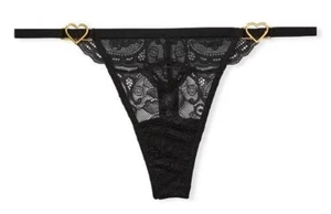 Victoria's Secret schwarzer Heartware V-String Tanga Höschen Gr. L Spitze Netz Herzen - Bild 1 von 4