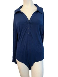 Ladies Size XL Navy Blue Ribbed Long Sleeve Collared Button Knit Body Suit NWT - Picture 1 of 4