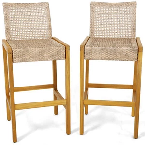 Wicker Bar Stools Set of 2 Patio Chairs w/Solid Wood Frame Light Brown - Picture 1 of 7