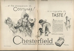 1930 CHESTERFIELD CIGARETTES 2-page advertisement, Masquerade party - Foto 1 di 3