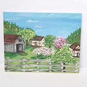 Original Painting On Canvas Farmhouse Scene Barn Unframed Folk Art Country 14x11 - Picture 1 of 6