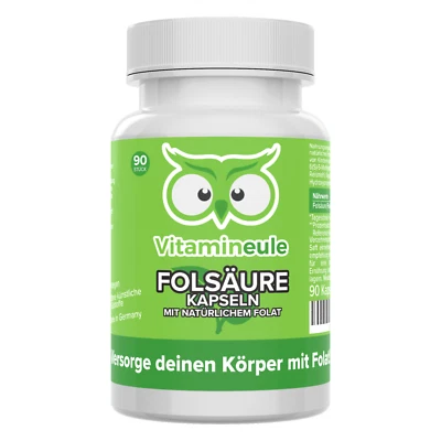 VITAMINEULE Folic Acid Capsules - 400 μg Natural Folate - 5-MTHF No Additives - Vitamin Owl