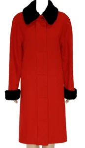 Manteau en laine midi rouge pomme bonbon Charles Klein avec collier noir en fausse fourrure Wms Med Lg - Photo 1/13