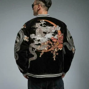 Mens Souvenir bomber Jacket Japanese Pattern Embroidery Sukajan Velvet Dragon B - Picture 1 of 9