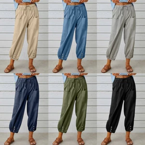 Womens Summer Drawstring Waist Wide Leg Loose Cotton Linen Palazzo Pants Pocket - Picture 1 of 20