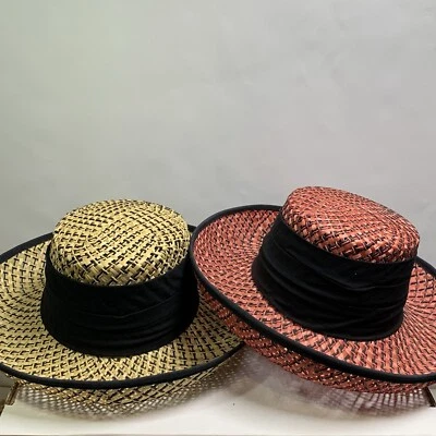 2 SONNI San Francisco Women's Straw Wide Brim Hats Coral Tan & Band Vintage  - Image 1 of 4