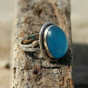 Solid 925 Sterling Silver Oval Shape Blue Calcy Classy Handmade Gifts Rings - Picture 1 of 5