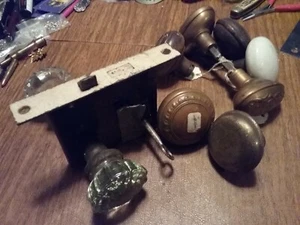 Lot of  Antique Ornate Brass Door Knobs - glass set with key brass  parts etc as - Picture 1 of 4