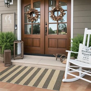 Front Door Mat 24"x51" Washable Tan and Black Outdoor Porch Rug Cotton Woven ... - Picture 1 of 7