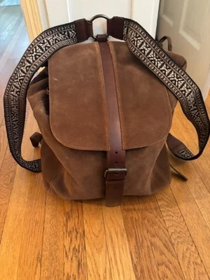 John Varvatos Brown Suede $349 M.S.R.P.  Leather Guitar Strap Backpack/Sack NEW - Image 1 of 4