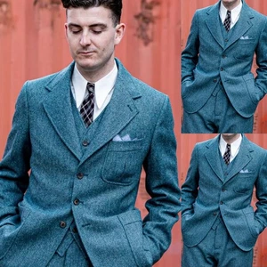 Herringbone 3Pcs Men's Safari Jacket Suits Casual Slim Fit Vintage Tweed Coat - Picture 1 of 16