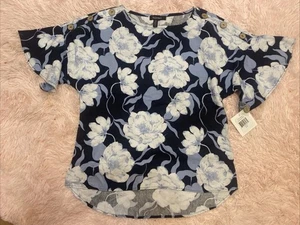 Top blusa donna Ellen Tracy taglia M blu misto lino floreale nuova con etichetta - Foto 1 di 8