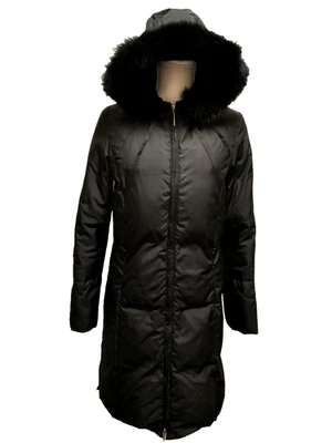 Abrigo acolchado Via Spiga para mujer negro 70 % plumón ribete de zorro capucha cremallera puño y aberturas laterales S Foto 1 de 4