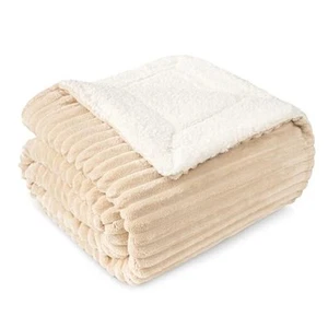 Beige Sherpa Fleece Throw Blanket for Couch 60 x 80 Inches - Twin Cream Beige - Picture 1 of 8