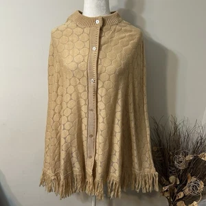 Poncho boho tejido tostado vintage años 70 para mujer capa botón brazos agujeros talla única flecos - Imagen 1 de 8