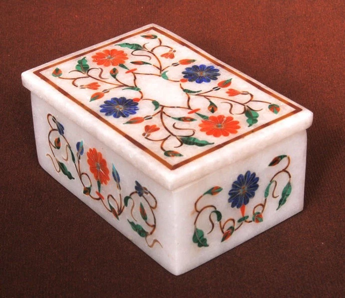 Marble Jewelry Box Semi Precious Stones floral inlay handmade home decor gift - Image 1 of 1