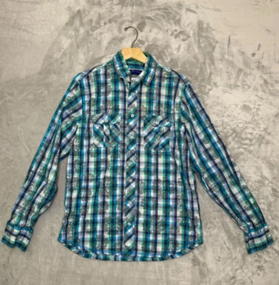 Camisa George Roth Para Hombre Grande Azul A Cuadros Floral Contraste Botón Occidental Tropical Foto 1 de 4