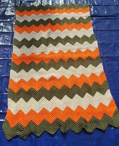 70's Crocheted Avocado Green Orange Cream Afghan Blanket Zig Zag 82" X 50" EUC - Picture 1 of 8
