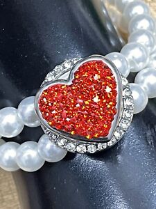 Glass Pearl Double Strand Bracelet With Snap Base And Red Heart Charm 18-20mm