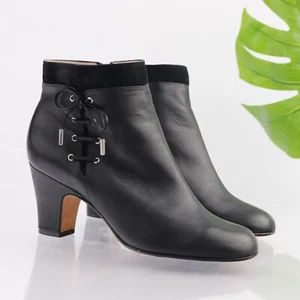 Taryn Rose Womens Terrie Boot Size 9 Black Leather Block Heel Booties Side Laced - Picture 1 of 16