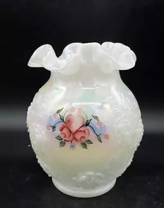 Vintage Fenton Glass White Opalescent Rose Bowl Vase Hand Painted Heart Ribbon - Picture 1 of 12