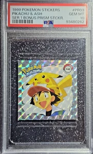 PSA 10 Gem Mint 1999 Pokemon Sticker ~ Pikachu & Ash ~ ArtBox Se. 1 Prism #PR03 - Picture 1 of 2
