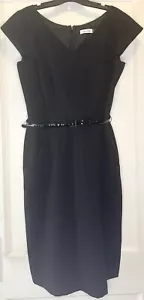 Calvin Klein Size 12 Black V-Neck Cap Sleeve Pockets Belted A-Line Women’s Dress - Picture 1 of 14