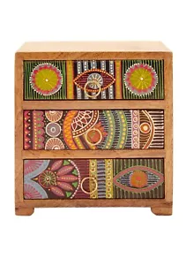 Cómoda de madera estilo africano pintada a mano 3 cajones para joyas o baratijas - Imagen 1 de 4