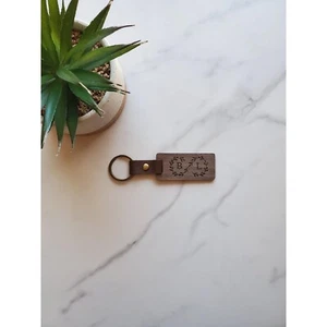 Engraved Monogram Rectangular Keychain | Natural Black Walnut Wood | Leaf Design - Picture 1 of 8