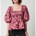 GANNI Shirred Smocked Floral Print Cotton Poplin Blouse in Shocking Pink Size 40