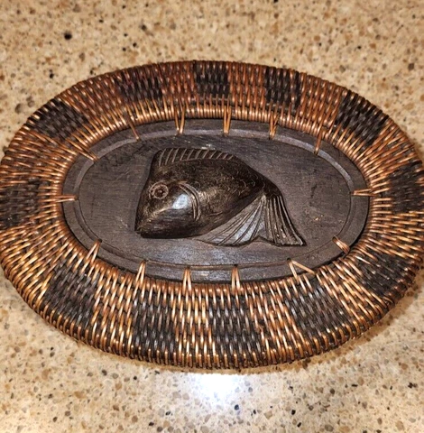 Fish Carved Wooden Woven Rattan Basket with Lid Wood Base, Trinket Box Cover